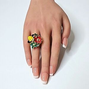 🆕️Lot 12 Custom Rings 2 Rhinestones Bees & Flowers. Gold Adjustable Band.